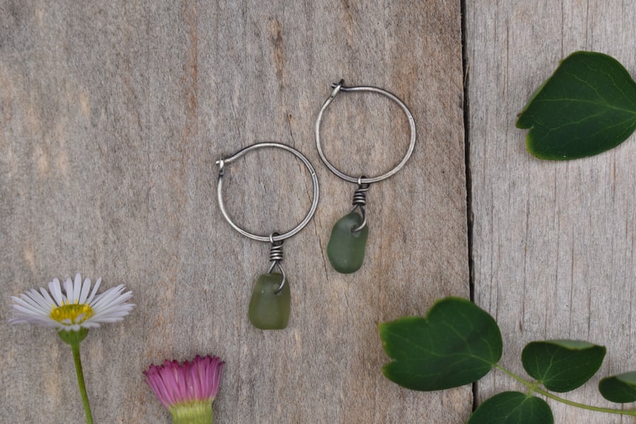 Scottish Sea Glass & Recycled Sterling Silver Hoop Earrings, Green