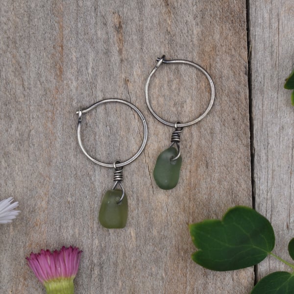 Scottish Sea Glass & Recycled Sterling Silver Hoop Earrings, Green