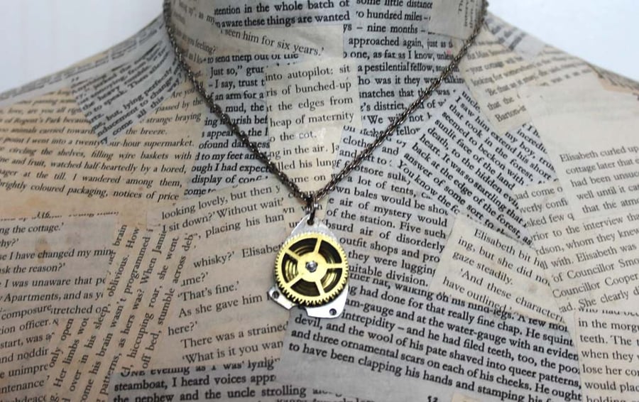 Repurposed Upcycled Steampunk Vintage Coil Cog Silver Necklace