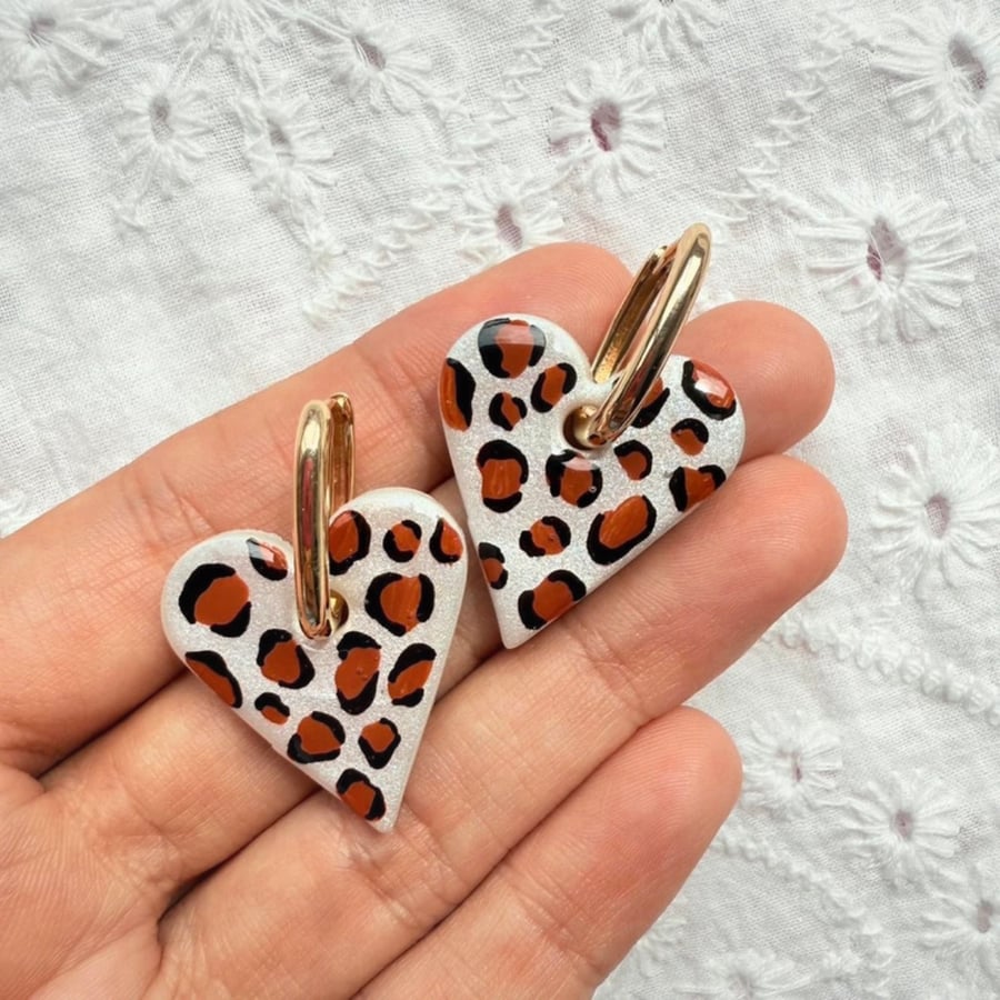 Leopard Print Heart Earrings – Hand Painted Jewelry on 18K Gold Plated Hoops