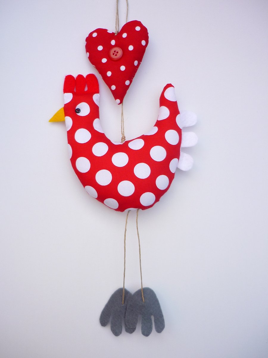 RED SPOTTY Hen Hangie & Heart Decoration Handmade Chicken Easter Mothersday Gift