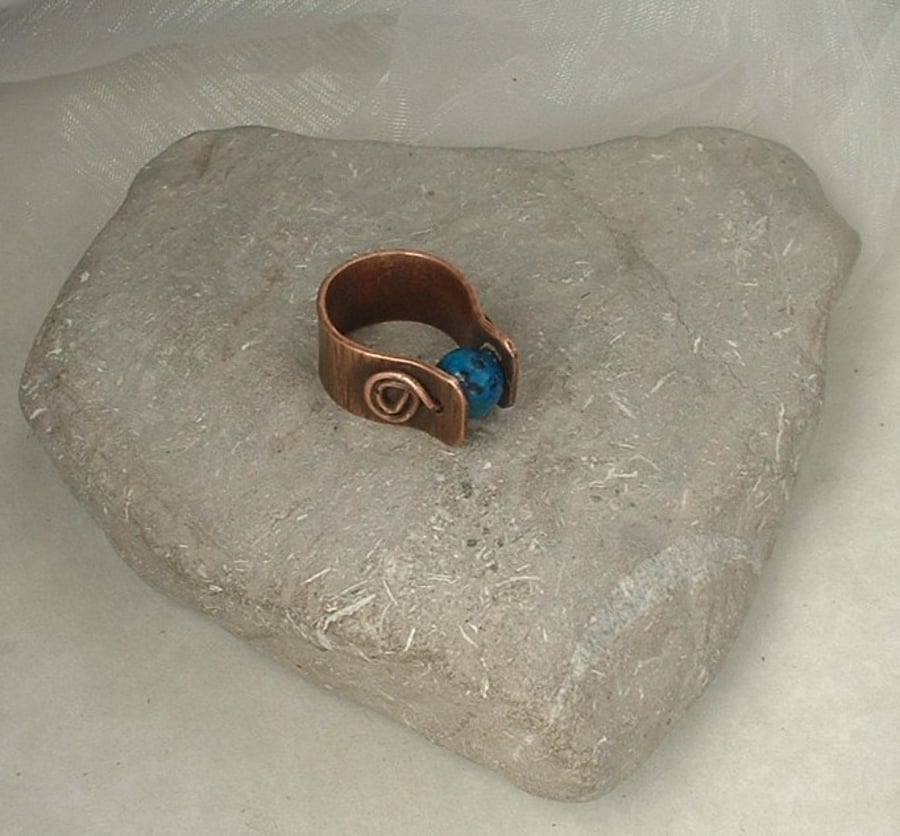 Rustic Textured Copper Ring with Blue Azurite Worry Bead