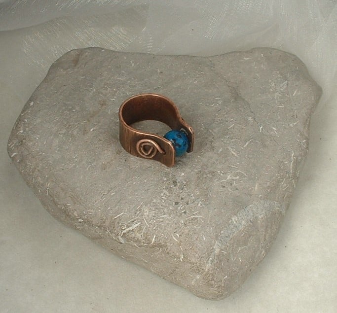 Rustic Textured Copper Ring with Blue Azurite Worry Bead