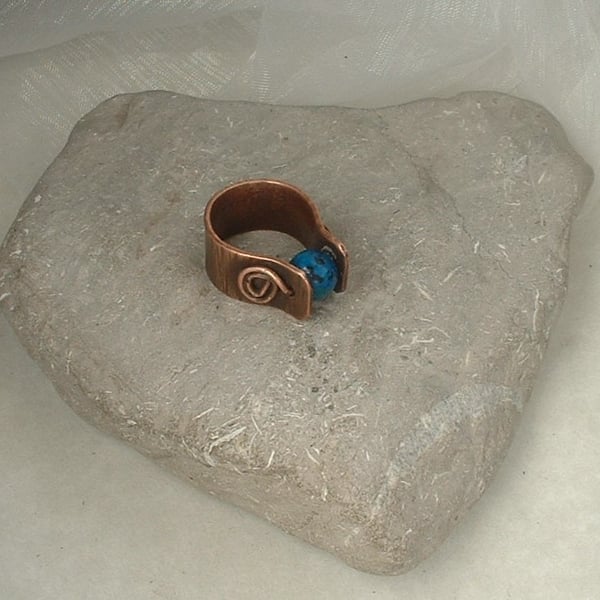 Rustic Textured Copper Ring with Blue Azurite Worry Bead