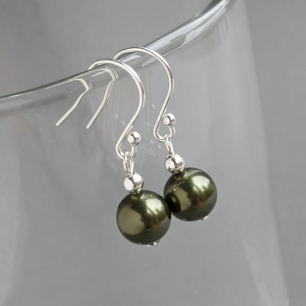 Simple Olive Green Pearl Drop Earrings - Dark Khaki Dangle Earrings - Gifts