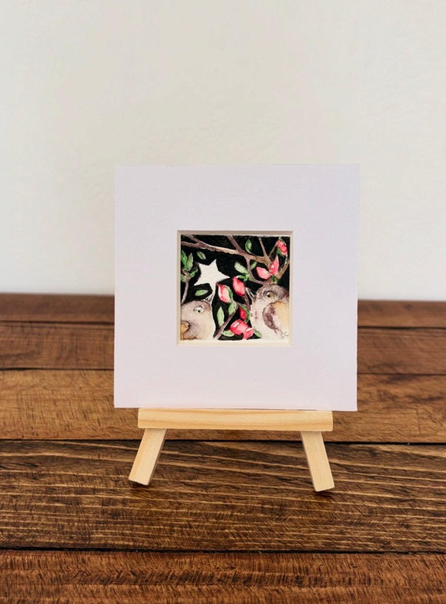 ACEO Original Whimsical Birds with Star at Night Watercolour