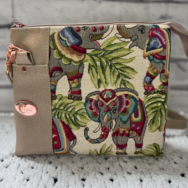 Elephant tabestry and Beige faux leather crossbody bag