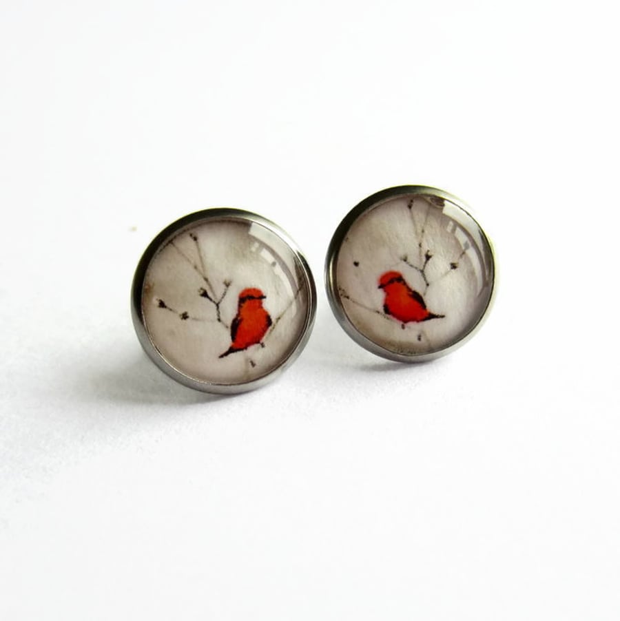 Red Bird Stud Earrings - Hypoallergenic Surgical Steel