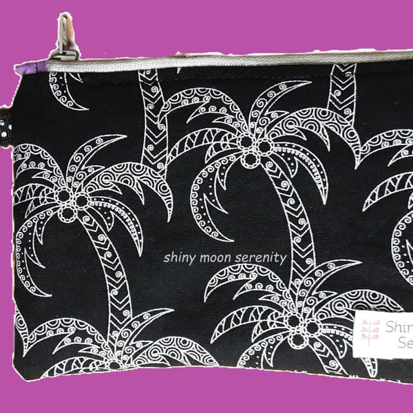 Pouch Black with White Palm Tree Print.