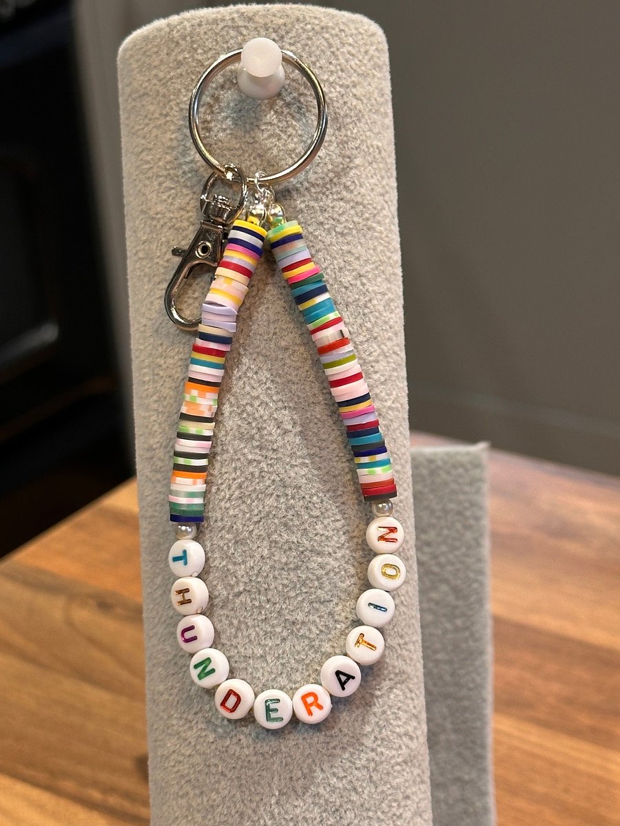 Unique Handmade keychain with heishi beads - wordy thunderation