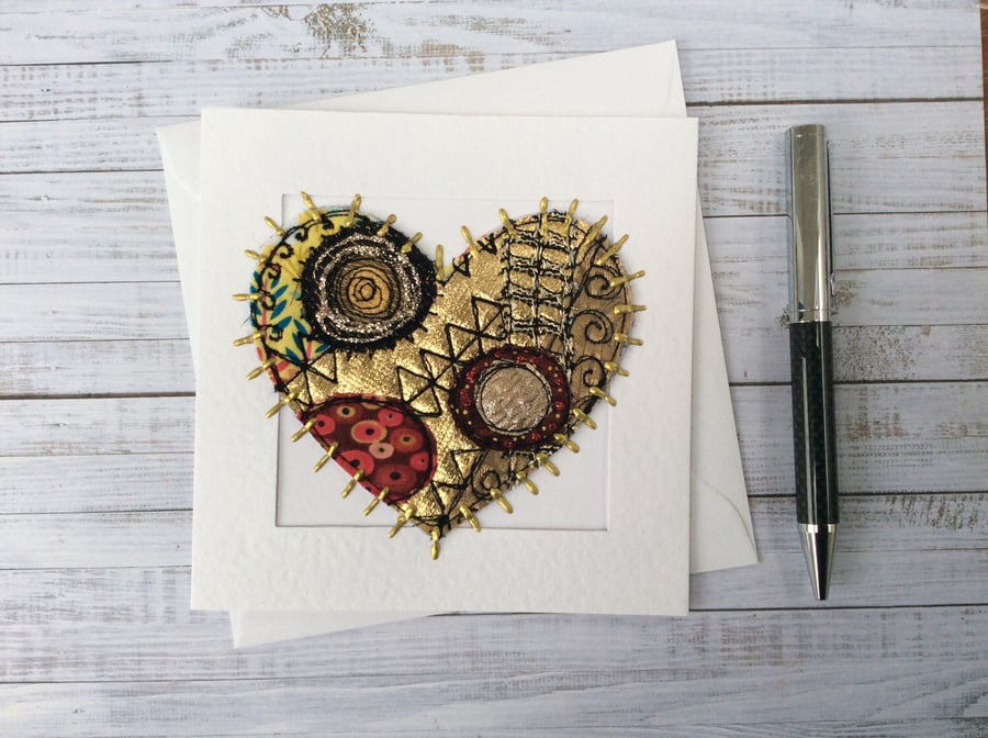 Embroidered up-cycled fabric Klimt heart Art Card.