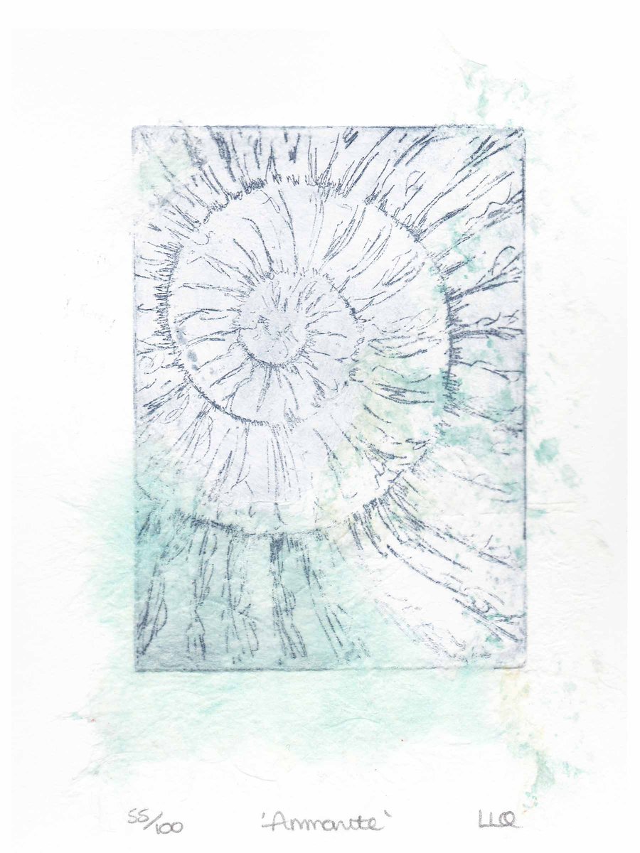 Etching no.55 of an ammonite fossil with chine colle in an edition of 100