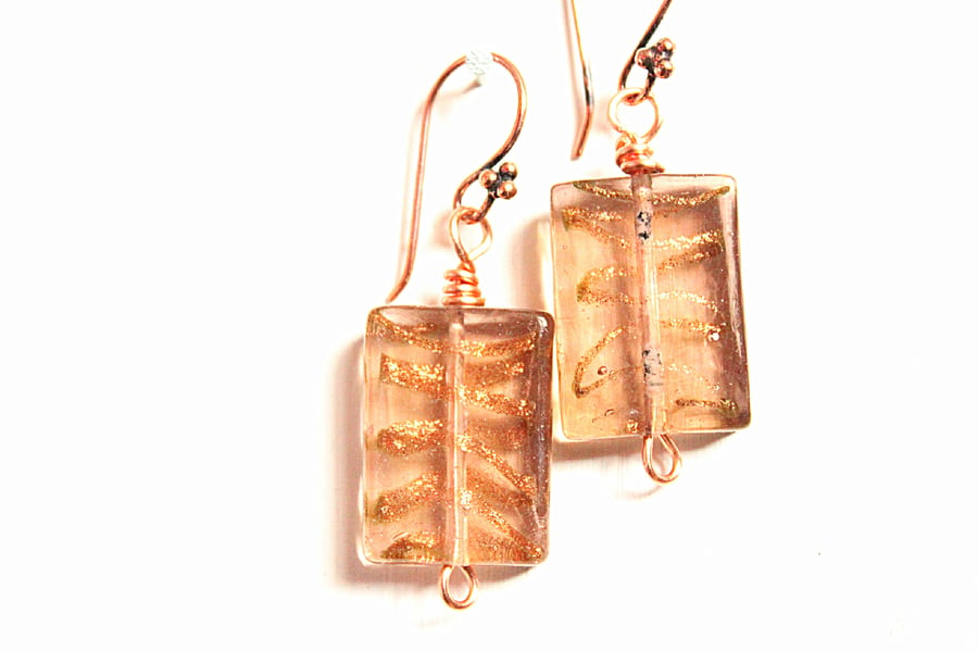 Copper and coffee rectangular lampwork glass earrings