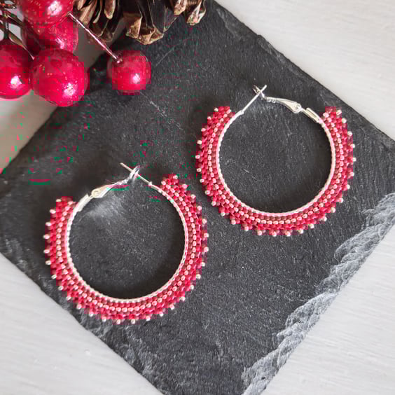 Beaded Red Hoop Earrings