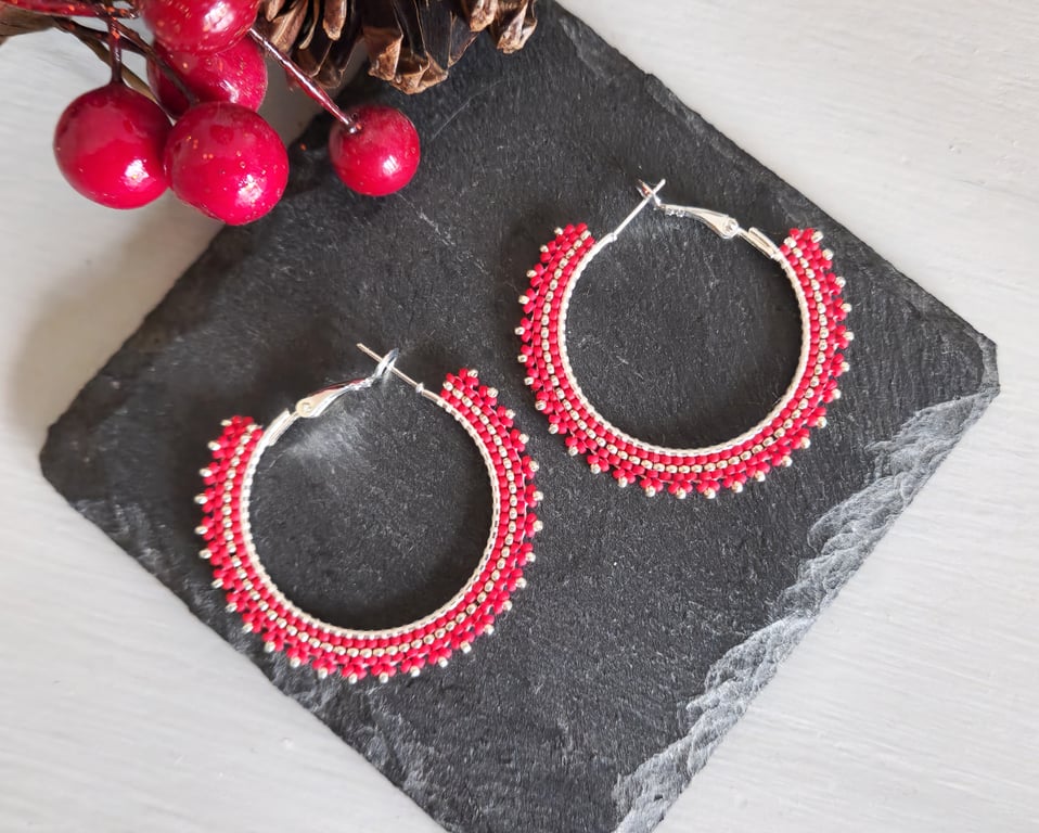 Beaded Red Hoop Earrings