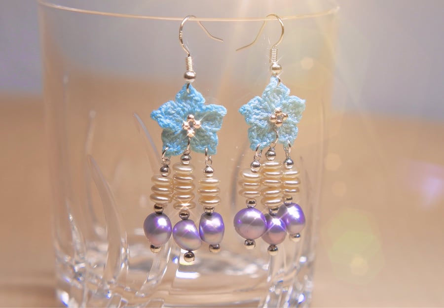Freshwater Pearls Microcrochet Blue Florals Earrings
