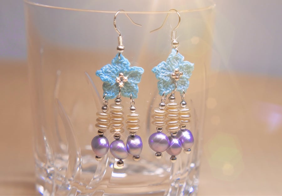 Freshwater Pearls Microcrochet Blue Florals Earrings