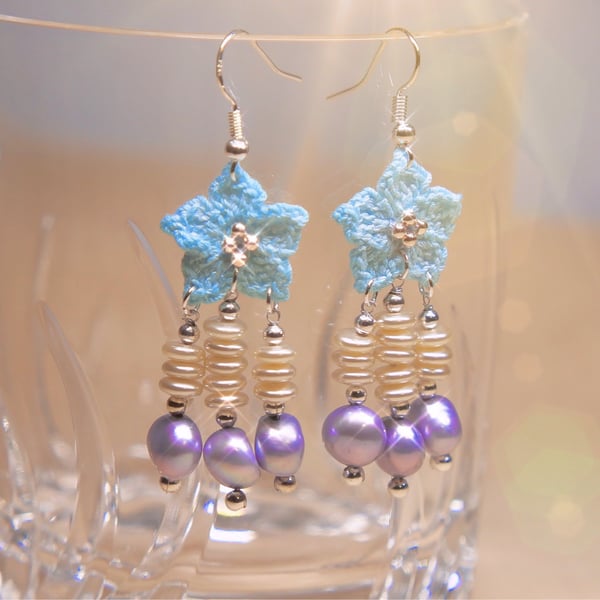 Freshwater Pearls Microcrochet Blue Florals Earrings