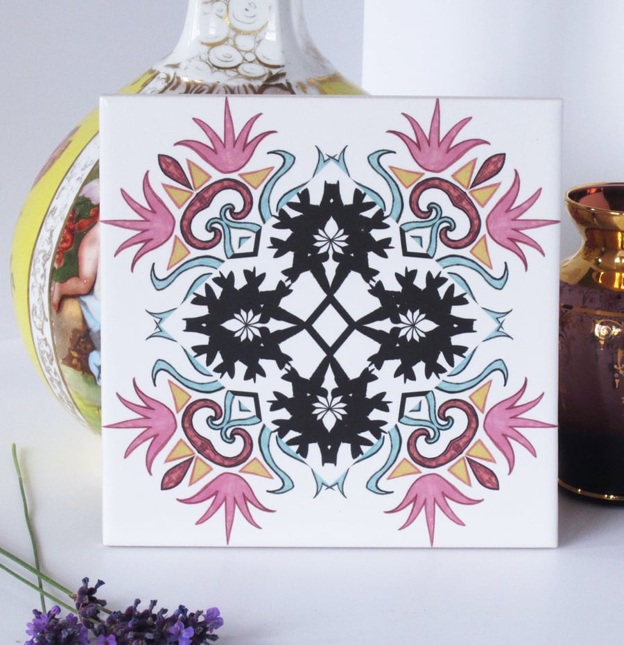 Pink and Black Ornate Hummingbird Design Ceramic Tile Trivet with Cork Backing