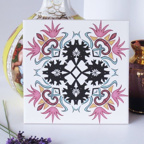 Pink and Black Ornate Hummingbird Design Ceramic Tile Trivet with Cork Backing