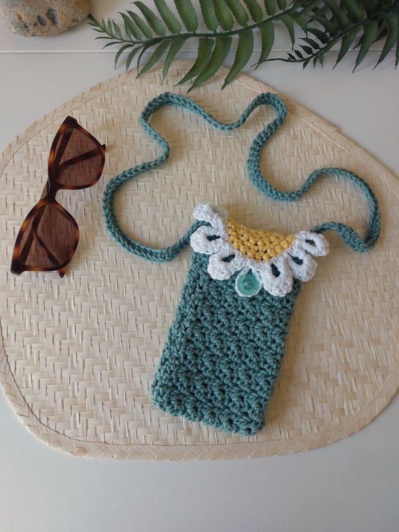 Crochet Cotton Daisy Glasses Case, Phone Case Sage Green