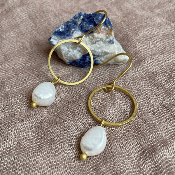 Dangle pearl brass earrings, minimal jewellery, gift for her