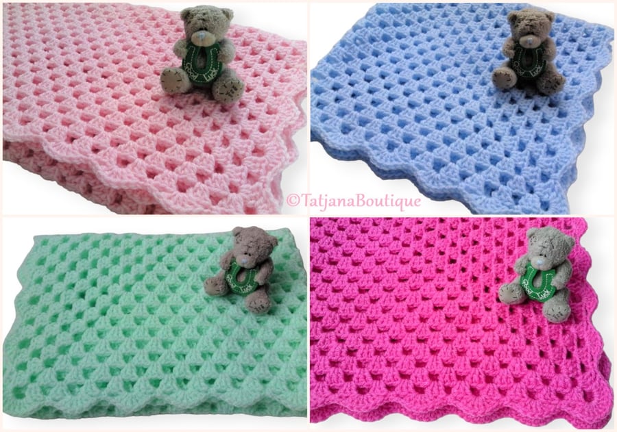 Crochet Baby Blanket, Baby Pink, Baby Blue, Mint, Hot Pink Baby Blanket