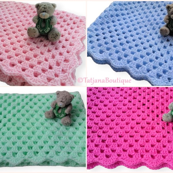 Crochet Baby Blanket, Baby Pink, Baby Blue, Mint, Hot Pink Baby Blanket