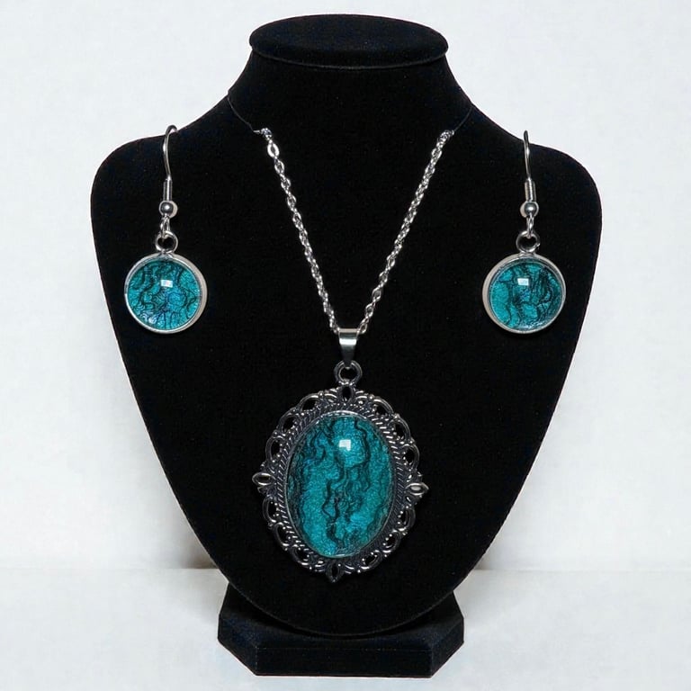 Vintage style teal necklace and earrings, handmade felt under glass cabochon