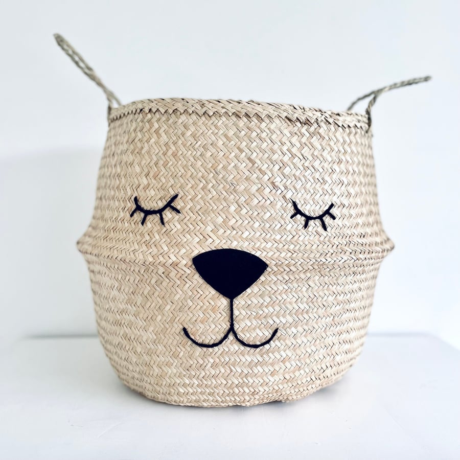 Natural lioness belly basket. Hand embroidered and perfect as a toy basket