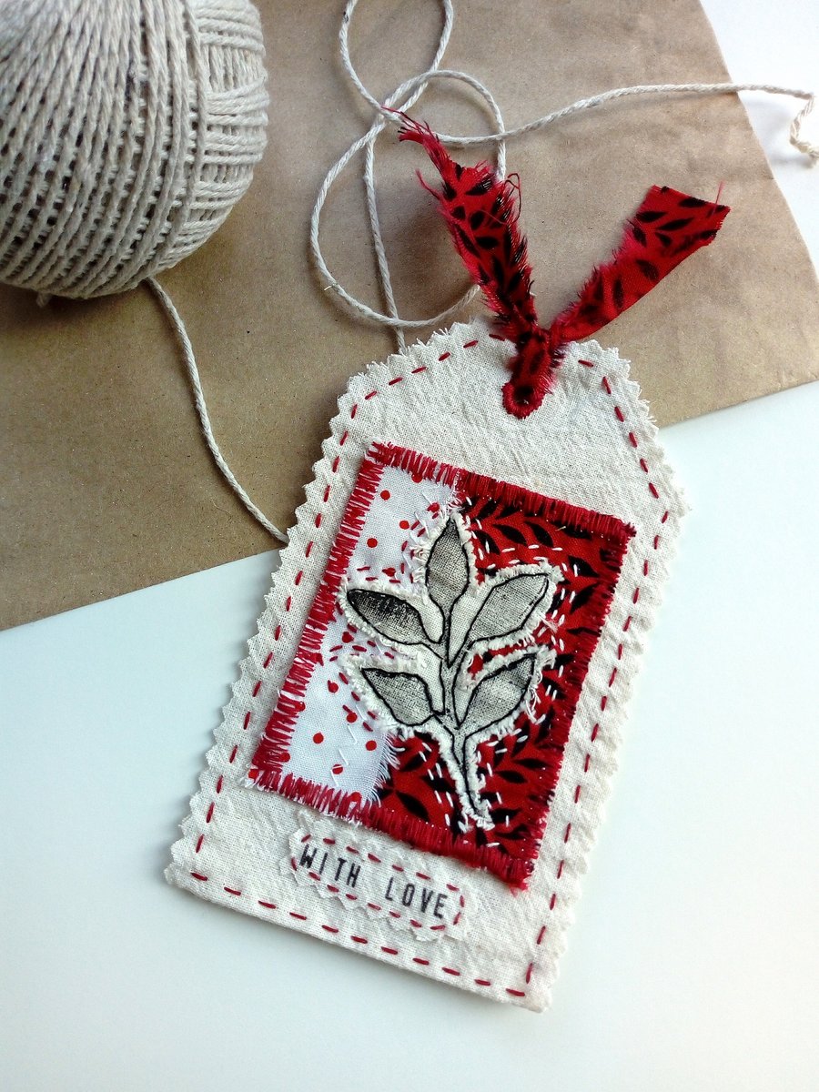 Fabric Gift Tag Bookmark with Printed Leaf Collage and Love Sentiment