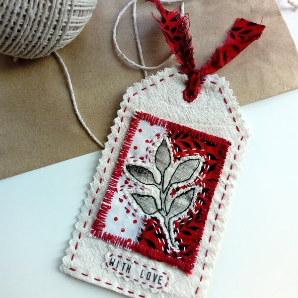 Fabric Gift Tag Bookmark with Printed Leaf Collage and Love Sentiment