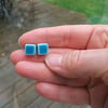 Turquoise square ceramic stud earrings with sterling silver posts and bails