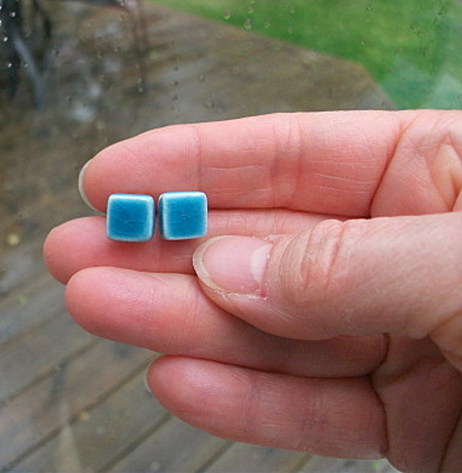 Turquoise square ceramic stud earrings with sterling silver posts and bails