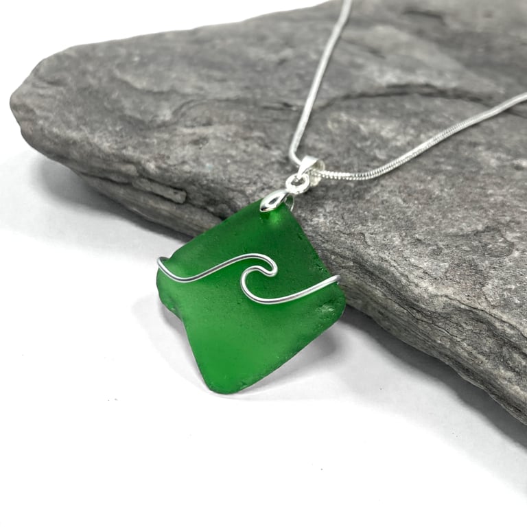 Sea Glass Pendant - Green Beach Glass - Silver Handmade Wave Necklace Jewellery