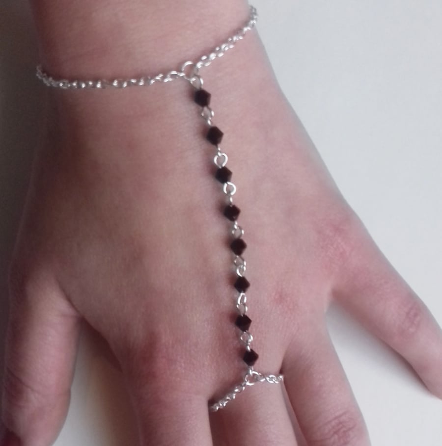 Black Crystal Bead Hand Chain Silver Plate Bracelet 