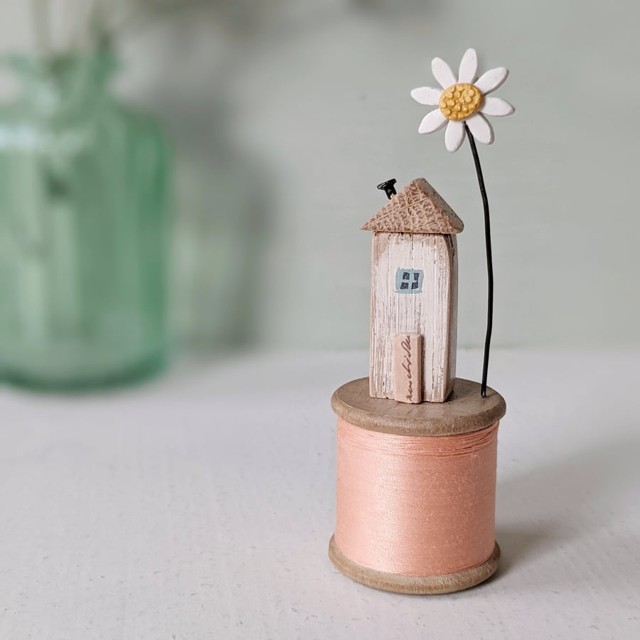 Wooden House on a Vintage Bobbin with Clay Daisy 