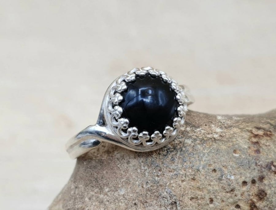 Round Black Onyx ring. 10mm Adjustable 925 sterling silver rings for women