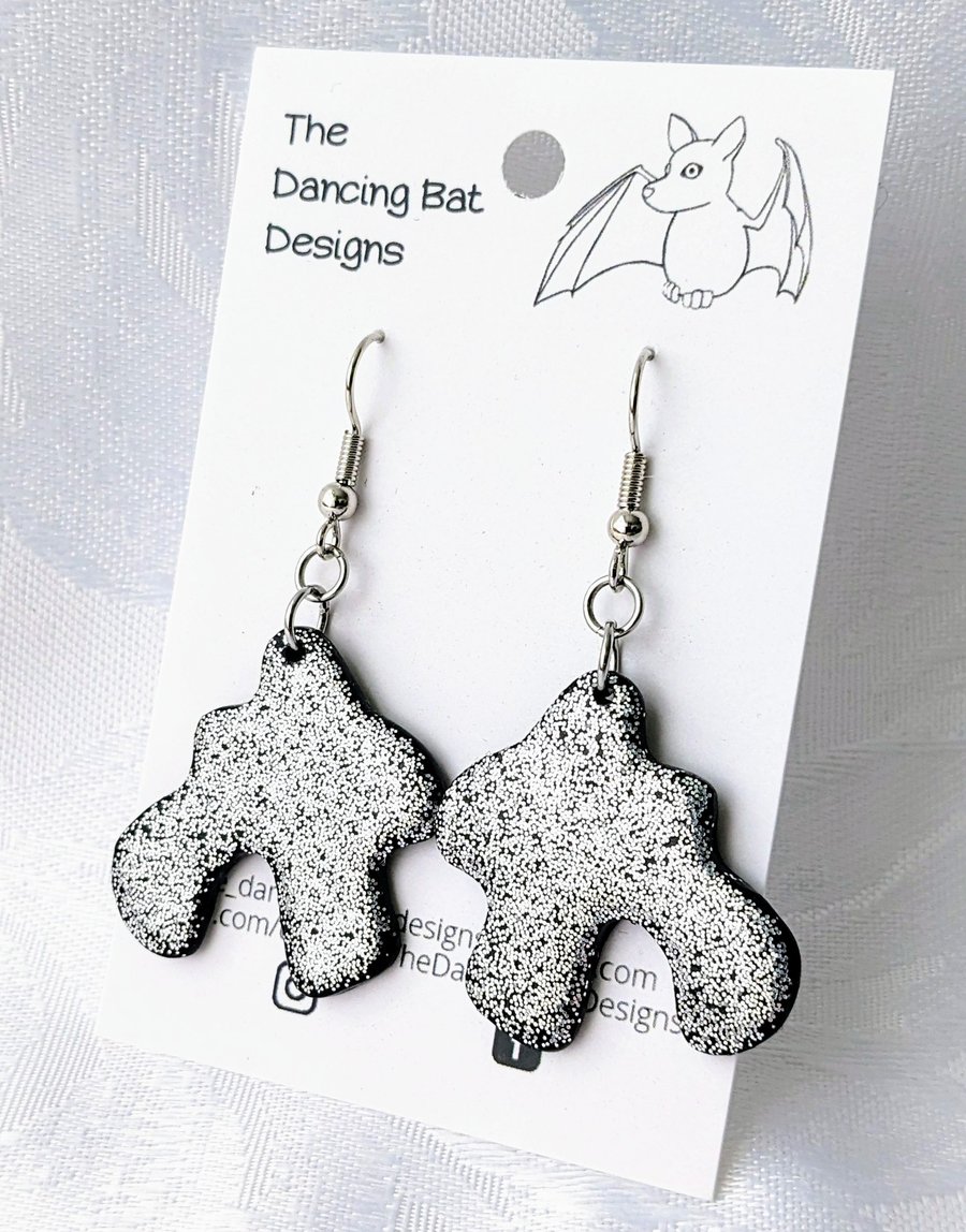 Medium Squiggle Arch Earrings With Silver Glitter, Hook Ear Wires, Polymer Clay