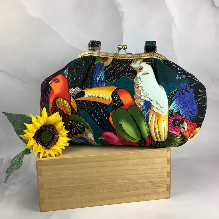 Toucans large frame shoulder bag, Tropical birds kiss clasp bag, Handmade