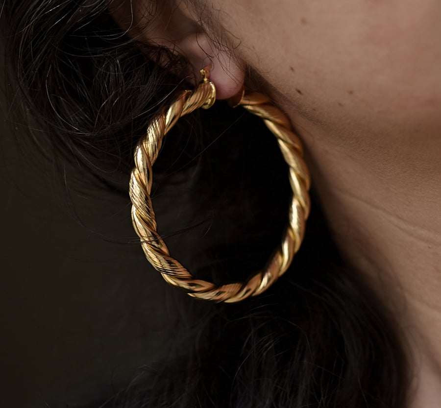 large hoop earrings, thick 18k gold plated hoop earrings, twisted hoop earrings