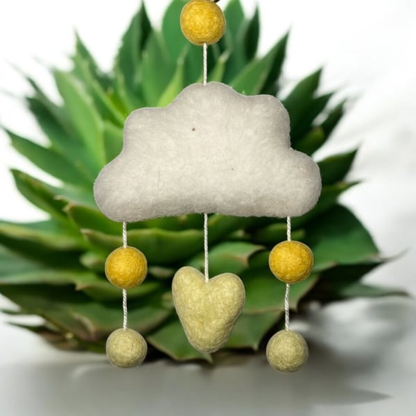 Felted small cloud wall hanging, mobile with felt balls and heart (yellow)