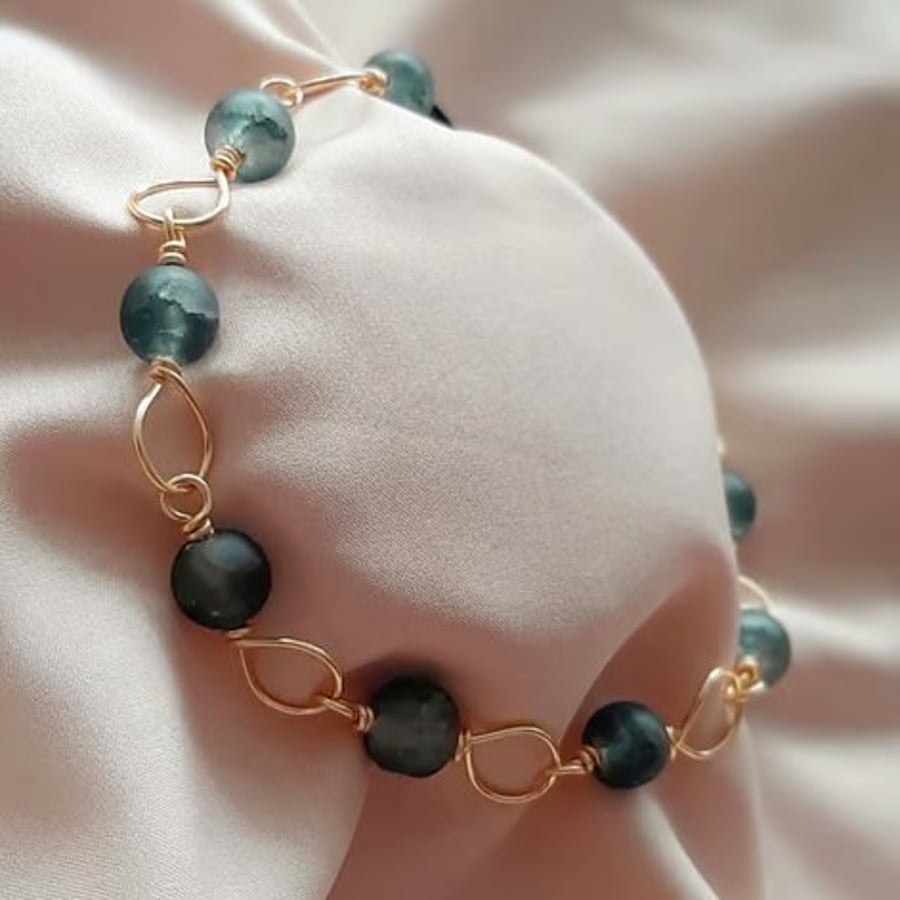 Image of Forest Green Beaded Wire Link Bracelet, Handmade Statement Jewellery For H