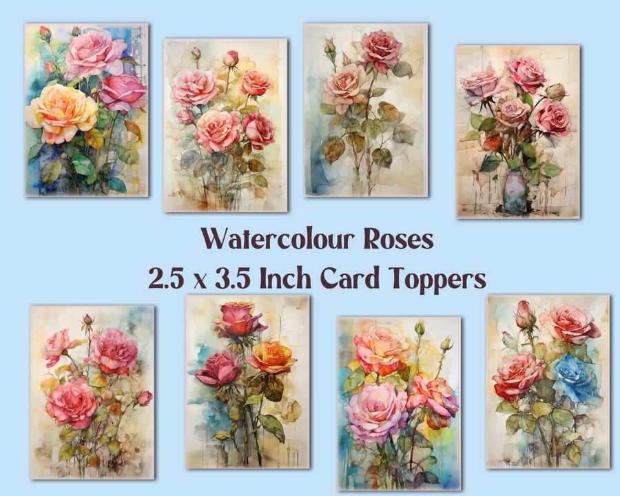 Watercolour Roses Set of 8 Aceo Size Card Toppers for Card Making & Journals etc