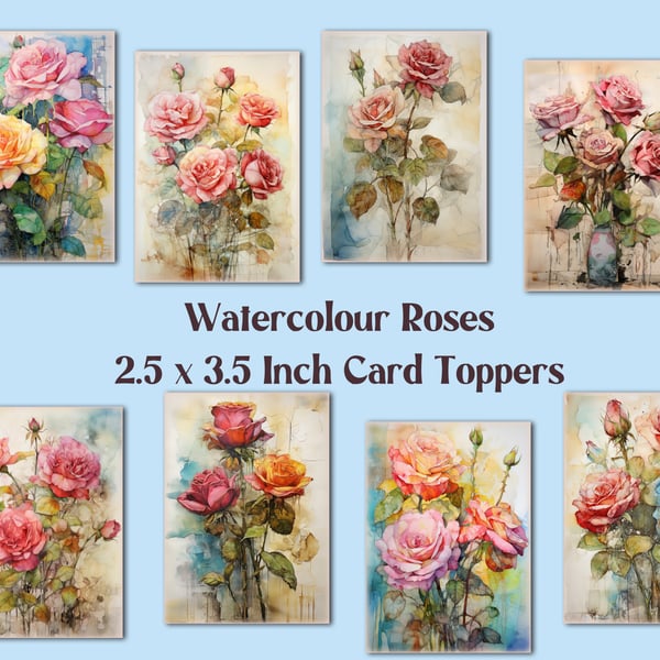 Watercolour Roses Set of 8 Aceo Size Card Toppers for Card Making & Journals etc