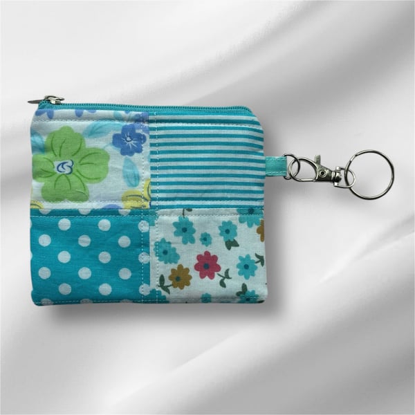 Quilt Patchwork Coin purse in turquoise with key fob
