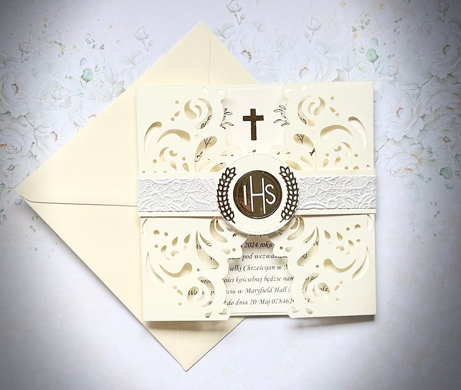 First Holy Communion Invitations Ivory linen embossed lace