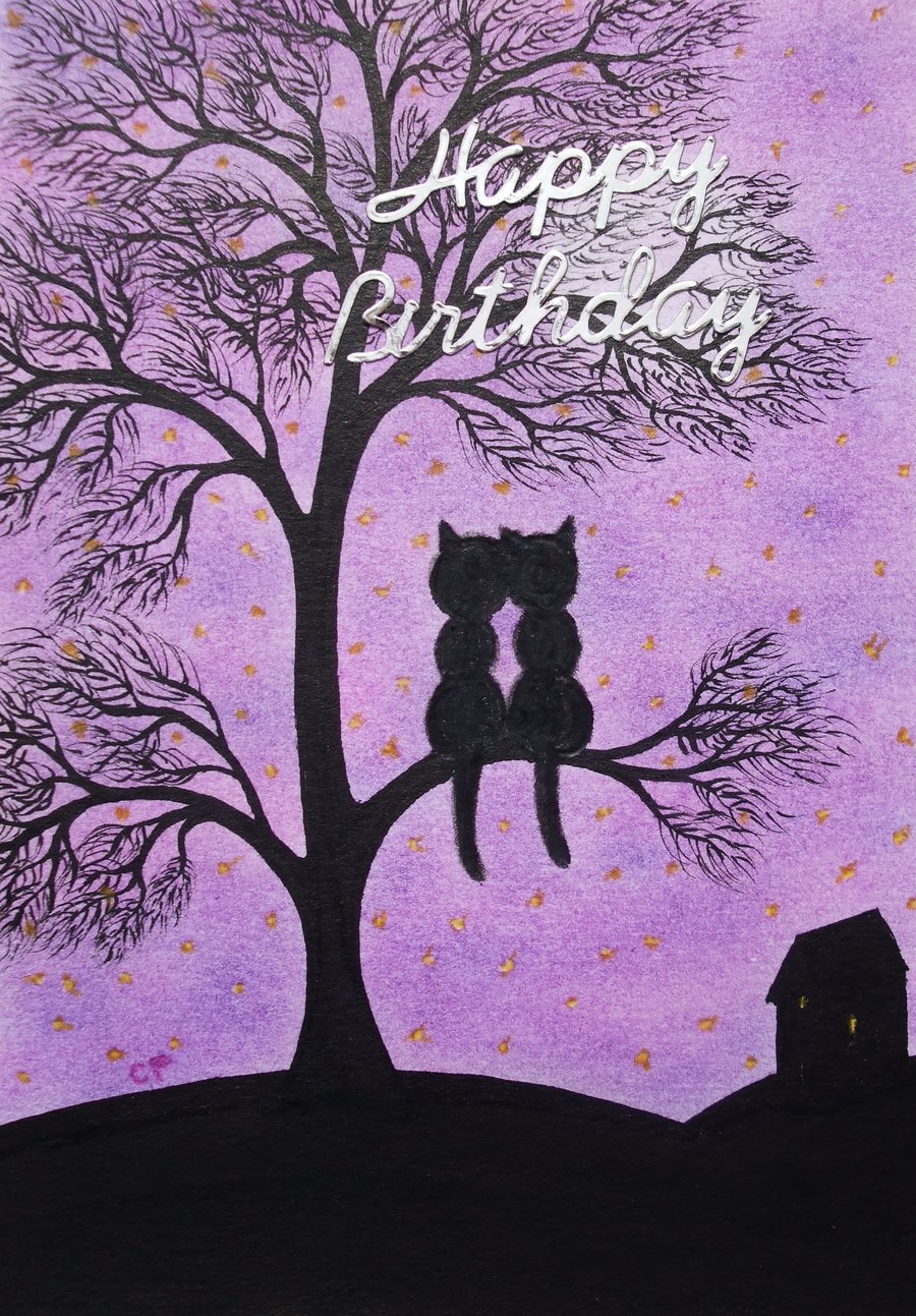 Cat Birthday Card, Black Cats Tree Moon Card, Purple Birthday Card for Her, Art