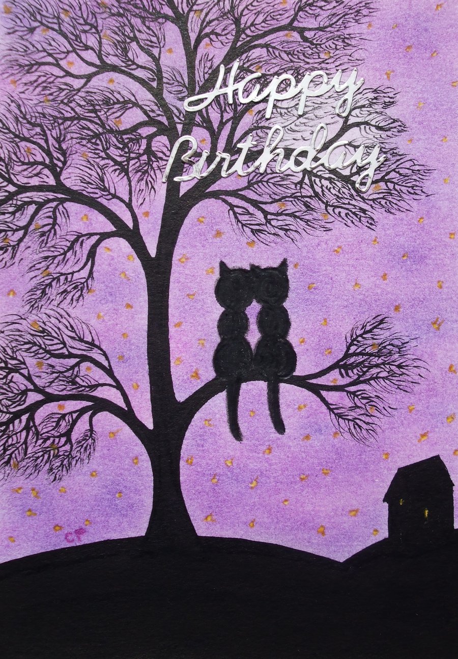 Cat Birthday Card, Romantic Black Cats Tree Moon Card, For Her, For Him, Purple