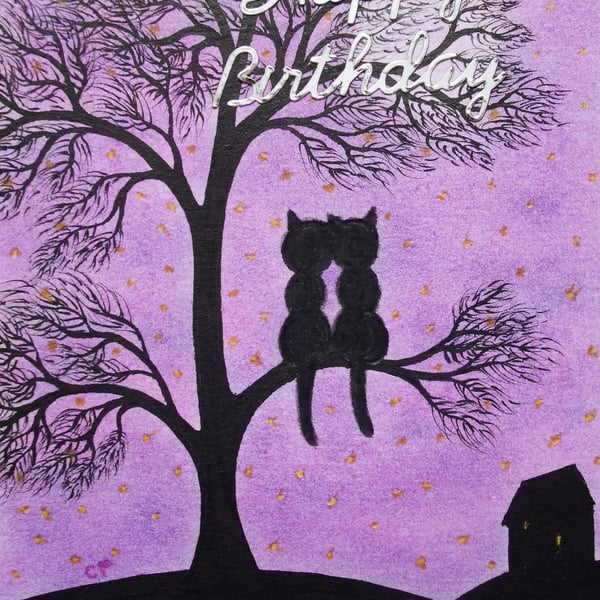 Cat Birthday Card, Romantic Black Cats Tree Moon Card, For Her, For Him, Purple